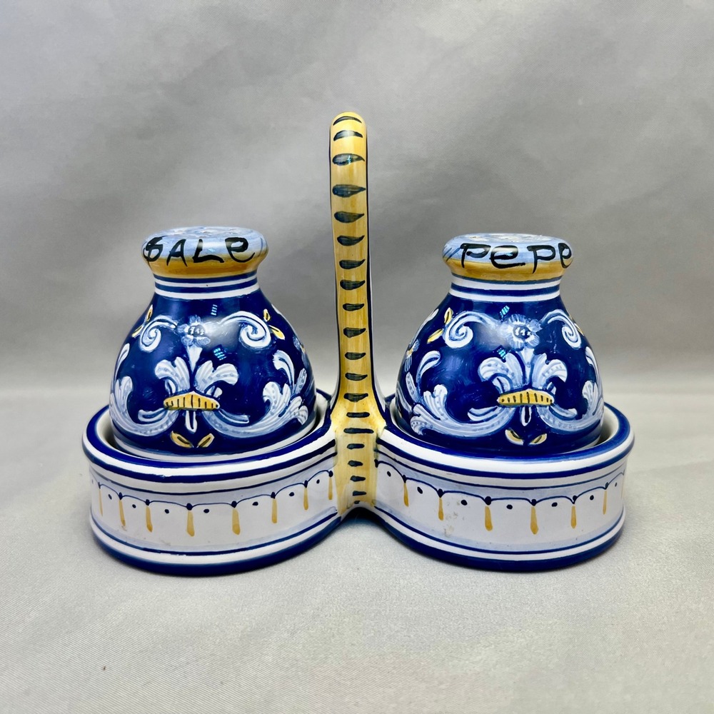 Cama Deruta Salt Pepper Shaker Set Caddy Blue Yellow Excellent Italian Majolica